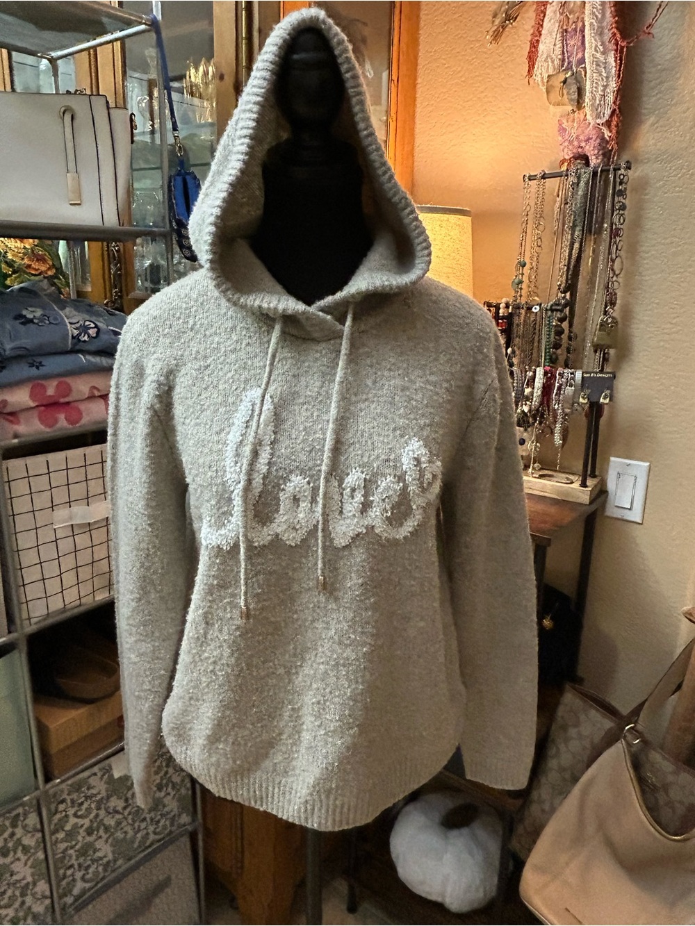 cupcakes & cashmere Hooded Knit Sweater in Light Gray with Script Detail